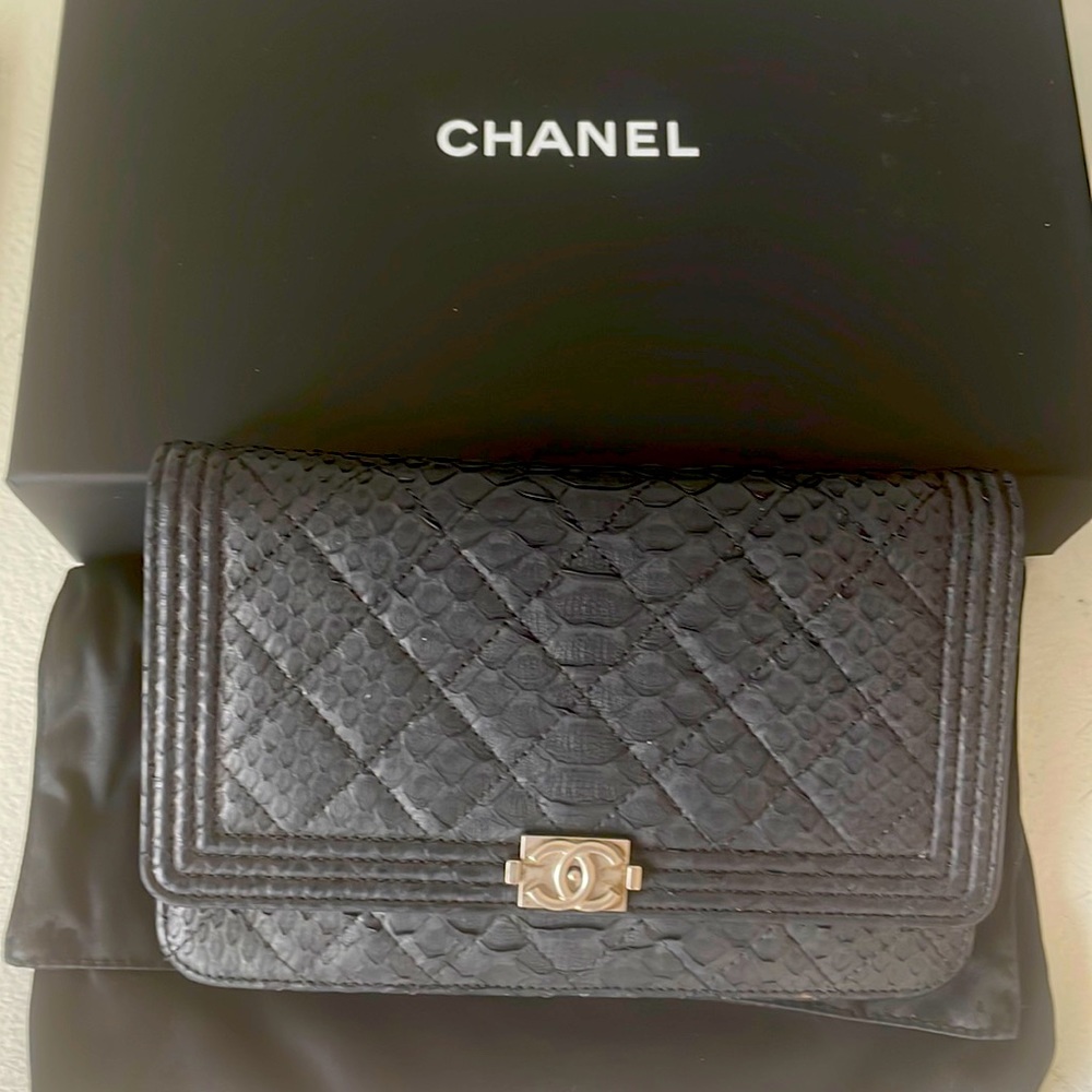 GUARANTEED AUTHENTIC Rare python matte black chanel boy wallet on a chain woc